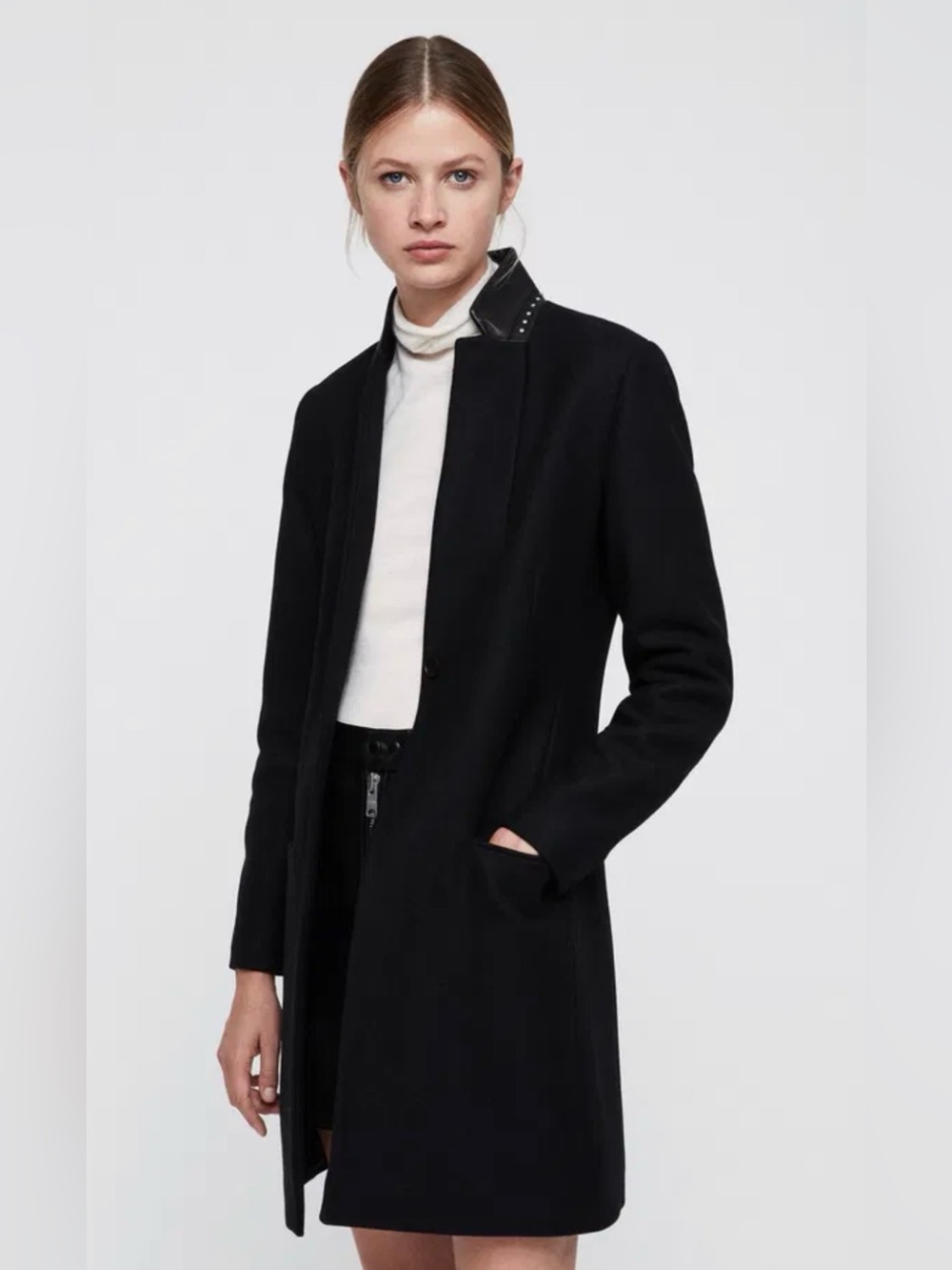 All Saints Black Women's Long Wool Coat with Studded Trim